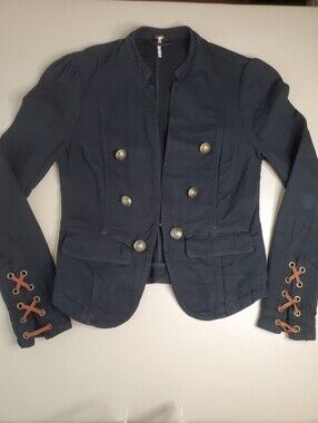 Free People Black Military-Inspired Blazer Suede Corset Lace Up Cuffs Women's XS